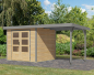 Preview: Karibu Hybrid-Gartenhaus Jupiter 3 A + 2,4m Anbaudach - 19mm Elementhaus - Geräteschuppen - Pultdach - natur/grau