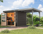 Preview: Karibu Hybrid-Gartenhaus Jupiter 3 B + 2,4m Anbaudach - 19mm Elementhaus - Geräteschuppen - Pultdach - terragrau/grau