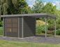 Preview: Karibu Hybrid-Gartenhaus Jupiter 3 B + 2,4m Anbaudach - 19mm Elementhaus - Geräteschuppen - Pultdach - terragrau/grau