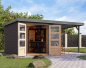 Preview: Karibu Hybrid-Gartenhaus Jupiter 3,5 B + 2,4m Anbaudach - 19mm Elementhaus - Geräteschuppen - Pultdach - terragrau/grau
