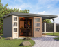 Preview: Karibu Hybrid-Gartenhaus Jupiter 3,5 D + 2,4m Anbaudach - 19mm Elementhaus - Geräteschuppen - Pultdach - wassergrau/grau