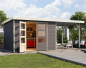 Preview: Karibu Hybrid-Gartenhaus Jupiter 5 B + 2,4m Anbaudach - 19mm Elementhaus - Geräteschuppen - Pultdach - terragrau/weiss
