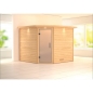 Preview: Karibu Woodfeeling Sauna LEONA 38 mm Massivholz Eckeinstieg