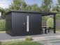 Preview: Finnhaus Wolff Metall-Gartenhaus Thorin 5424 + 2,4m Anbaudach - Elementhaus - Geräteschuppen - Flachdach - anthrazit