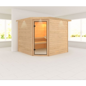 Karibu Woodfeeling Sauna LEONA 38 mm Massivholz Eckeinstieg