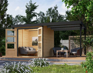 Karibu Hybrid-Gartenhaus Jupiter 2 A + 2,4m Anbaudach - 19mm Elementhaus - Geräteschuppen - Pultdach - natur/anthrazit