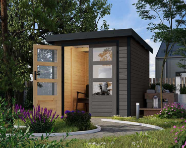 Preview: Karibu Hybrid-Gartenhaus Jupiter 2 B - 19mm Elementhaus - Geräteschuppen - Pultdach - terragrau/anthrazit