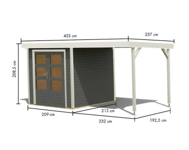 Karibu Hybrid-Gartenhaus Jupiter 2 B + 2,4m Anbaudach - 19mm Elementhaus - Geräteschuppen - Pultdach - terragrau/weiss