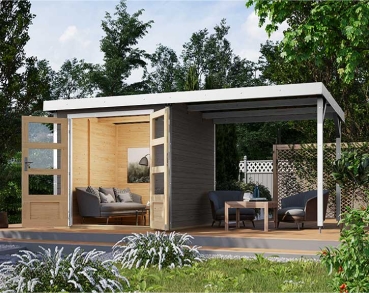 Karibu Hybrid-Gartenhaus Jupiter 2 B + 2,4m Anbaudach - 19mm Elementhaus - Geräteschuppen - Pultdach - terragrau/weiss