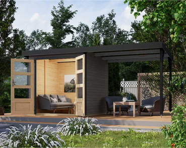 Karibu Hybrid-Gartenhaus Jupiter 2 B + 2,4m Anbaudach - 19mm Elementhaus - Geräteschuppen - Pultdach - terragrau/anthrazit