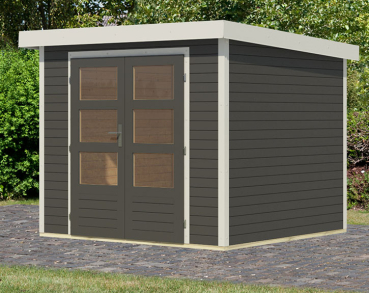 Karibu Hybrid-Gartenhaus Jupiter 3 B - 19mm Elementhaus - Geräteschuppen - Pultdach - terragrau/weiss