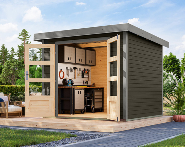Karibu Hybrid-Gartenhaus Jupiter 3 B - 19mm Elementhaus - Geräteschuppen - Pultdach - terragrau/grau