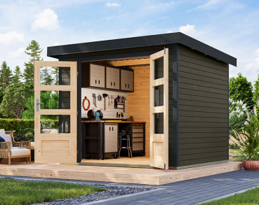 Karibu Hybrid-Gartenhaus Jupiter 3 B - 19mm Elementhaus - Geräteschuppen - Pultdach - terragrau/anthrazit