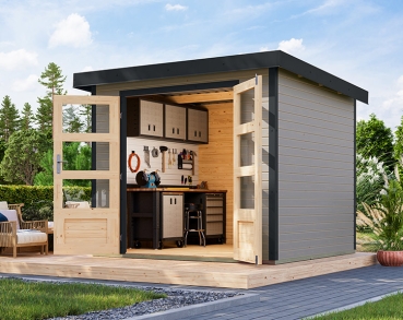 Karibu Hybrid-Gartenhaus Jupiter 3 D - 19mm Elementhaus - Geräteschuppen - Pultdach - wassergrau/anthrazit
