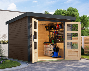 Karibu Hybrid-Gartenhaus Jupiter 3,5 B - 19mm Elementhaus - Geräteschuppen - Pultdach - terragrau/anthrazit