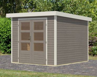 Karibu Hybrid-Gartenhaus Jupiter 3,5 D - 19mm Elementhaus - Geräteschuppen - Pultdach - wassergrau/weiss
