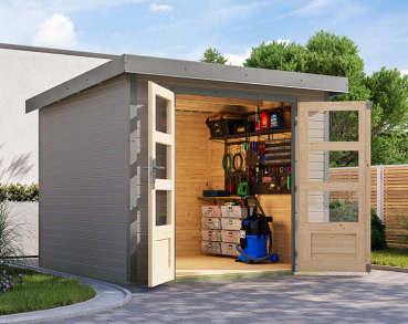 Karibu Hybrid-Gartenhaus Jupiter 3,5 D - 19mm Elementhaus - Geräteschuppen - Pultdach - wassergrau/grau
