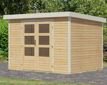 Preview: Karibu Hybrid-Gartenhaus Jupiter 4 A - 19mm Elementhaus - Geräteschuppen - Pultdach - natur/weiss