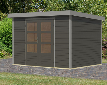 Preview: Karibu Hybrid-Gartenhaus Jupiter 4 B - 19mm Elementhaus - Geräteschuppen - Pultdach - terragrau/grau