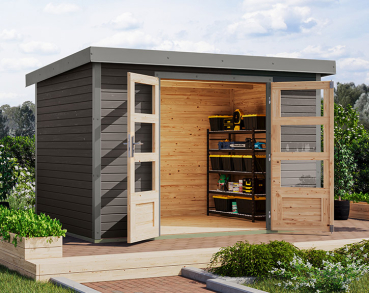 Karibu Hybrid-Gartenhaus Jupiter 4 B - 19mm Elementhaus - Geräteschuppen - Pultdach - terragrau/grau