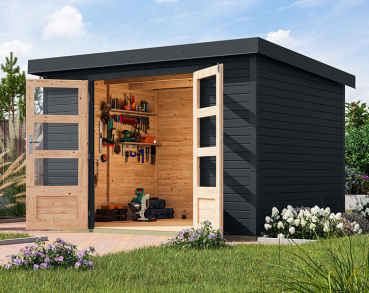 Karibu Hybrid-Gartenhaus Jupiter 5 C - 19mm Elementhaus - Geräteschuppen - Pultdach - anthrazit/anthrazit