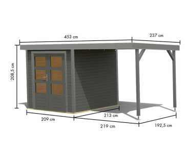 Karibu Hybrid-Gartenhaus Jupiter 2 B + 2,4m Anbaudach - 19mm Elementhaus - Geräteschuppen - Pultdach - terragrau/grau