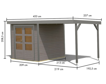Karibu Hybrid-Gartenhaus Jupiter 2 D + 2,4m Anbaudach - 19mm Elementhaus - Geräteschuppen - Pultdach - wassergrau/grau