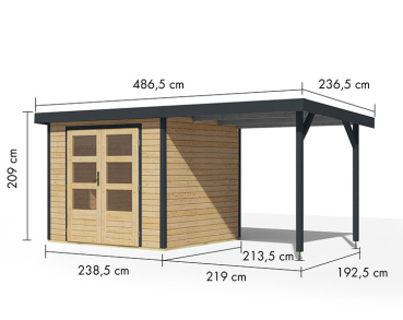 Karibu Hybrid-Gartenhaus Jupiter 3 A + 2,4m Anbaudach - 19mm Elementhaus - Geräteschuppen - Pultdach - natur/anthrazit