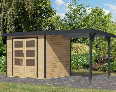 Karibu Hybrid-Gartenhaus Jupiter 3 A + 2,4m Anbaudach - 19mm Elementhaus - Geräteschuppen - Pultdach - natur/anthrazit