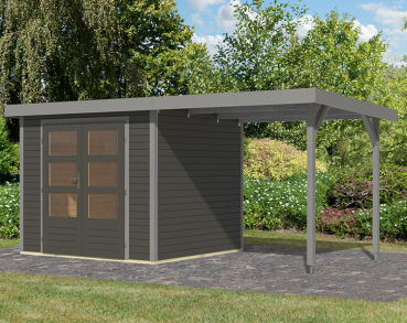 Preview: Karibu Hybrid-Gartenhaus Jupiter 3 B + 2,4m Anbaudach - 19mm Elementhaus - Geräteschuppen - Pultdach - terragrau/grau