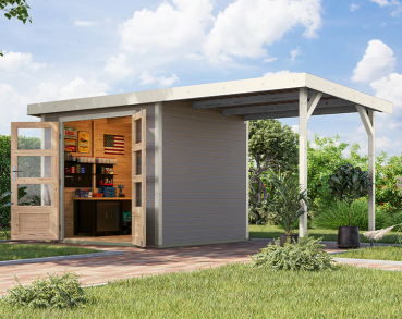 Karibu Hybrid-Gartenhaus Jupiter 3 C + 2,4m Anbaudach - 19mm Elementhaus - Geräteschuppen - Pultdach - wassergrau/weiss