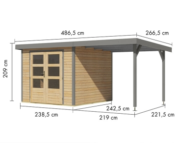 Karibu Hybrid-Gartenhaus Jupiter 3,5 A + 2,4m Anbaudach - 19mm Elementhaus - Geräteschuppen - Pultdach - natur/grau