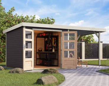 Karibu Hybrid-Gartenhaus Jupiter 3,5 B + 2,4m Anbaudach - 19mm Elementhaus - Geräteschuppen - Pultdach - terragrau/weiss