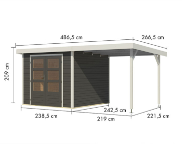 Karibu Hybrid-Gartenhaus Jupiter 3,5 B + 2,4m Anbaudach - 19mm Elementhaus - Geräteschuppen - Pultdach - terragrau/weiss