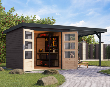 Karibu Hybrid-Gartenhaus Jupiter 3,5 B + 2,4m Anbaudach - 19mm Elementhaus - Geräteschuppen - Pultdach - terragrau/anthrazit