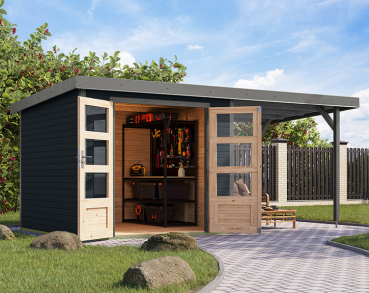 Karibu Hybrid-Gartenhaus Jupiter 3,5 C + 2,4m Anbaudach - 19mm Elementhaus - Geräteschuppen - Pultdach - anthrazit/grau
