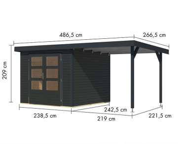 Preview: Karibu Hybrid-Gartenhaus Jupiter 3,5 C + 2,4m Anbaudach - 19mm Elementhaus - Geräteschuppen - Pultdach - anthrazit/anthrazit