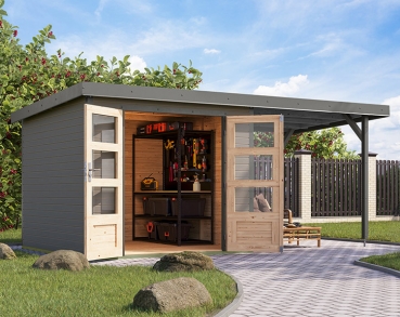 Karibu Hybrid-Gartenhaus Jupiter 3,5 D + 2,4m Anbaudach - 19mm Elementhaus - Geräteschuppen - Pultdach - wassergrau/grau