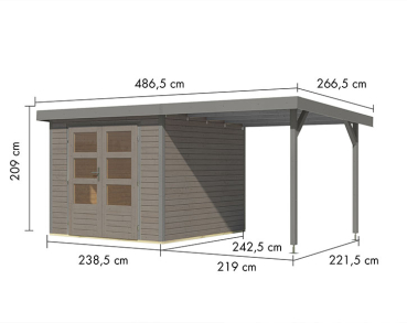 Preview: Karibu Hybrid-Gartenhaus Jupiter 3,5 D + 2,4m Anbaudach - 19mm Elementhaus - Geräteschuppen - Pultdach - wassergrau/grau