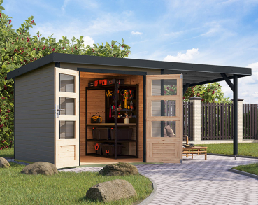 Karibu Hybrid-Gartenhaus Jupiter 3,5 D + 2,4m Anbaudach - 19mm Elementhaus - Geräteschuppen - Pultdach - wassergrau/anthrazit