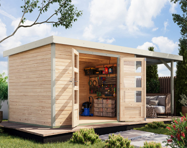 Karibu Hybrid-Gartenhaus Jupiter 4 A + 2,4m Anbaudach - 19mm Elementhaus - Geräteschuppen - Pultdach - natur/weiss