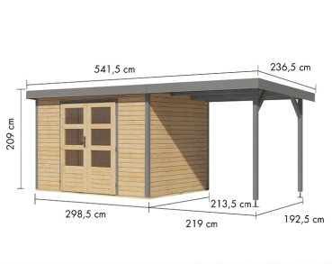 Karibu Hybrid-Gartenhaus Jupiter 4 A + 2,4m Anbaudach - 19mm Elementhaus - Geräteschuppen - Pultdach - natur/grau