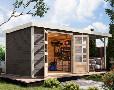 Karibu Hybrid-Gartenhaus Jupiter 4 B + 2,4m Anbaudach - 19mm Elementhaus - Geräteschuppen - Pultdach - terragrau/weiss