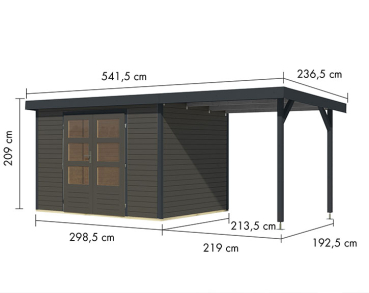Preview: Karibu Hybrid-Gartenhaus Jupiter 4 B + 2,4m Anbaudach - 19mm Elementhaus - Geräteschuppen - Pultdach - terragrau/anthrazit
