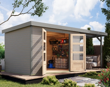 Karibu Hybrid-Gartenhaus Jupiter 4 D + 2,4m Anbaudach - 19mm Elementhaus - Geräteschuppen - Pultdach - wassergrau/grau
