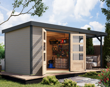 Karibu Hybrid-Gartenhaus Jupiter 4 D + 2,4m Anbaudach - 19mm Elementhaus - Geräteschuppen - Pultdach - wassergrau/anthrazit