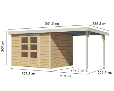 Karibu Hybrid-Gartenhaus Jupiter 5 A + 2,4m Anbaudach - 19mm Elementhaus - Geräteschuppen - Pultdach - natur/weiss