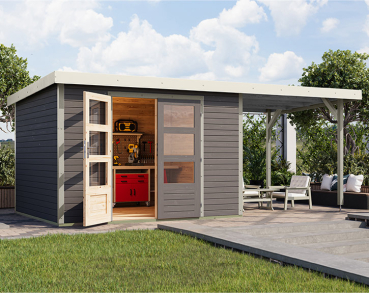 Karibu Hybrid-Gartenhaus Jupiter 5 B + 2,4m Anbaudach - 19mm Elementhaus - Geräteschuppen - Pultdach - terragrau/weiss