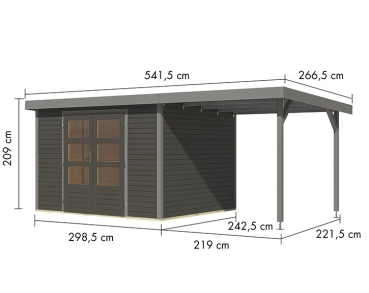 Karibu Hybrid-Gartenhaus Jupiter 5 B + 2,4m Anbaudach - 19mm Elementhaus - Geräteschuppen - Pultdach - terragrau/grau