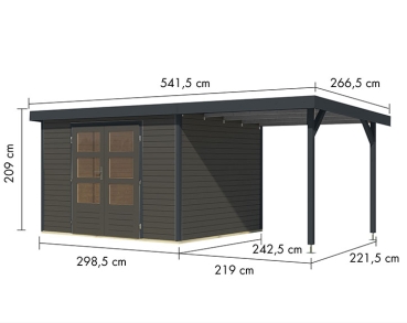 Karibu Hybrid-Gartenhaus Jupiter 5 B + 2,4m Anbaudach - 19mm Elementhaus - Geräteschuppen - Pultdach - terragrau/anthrazit